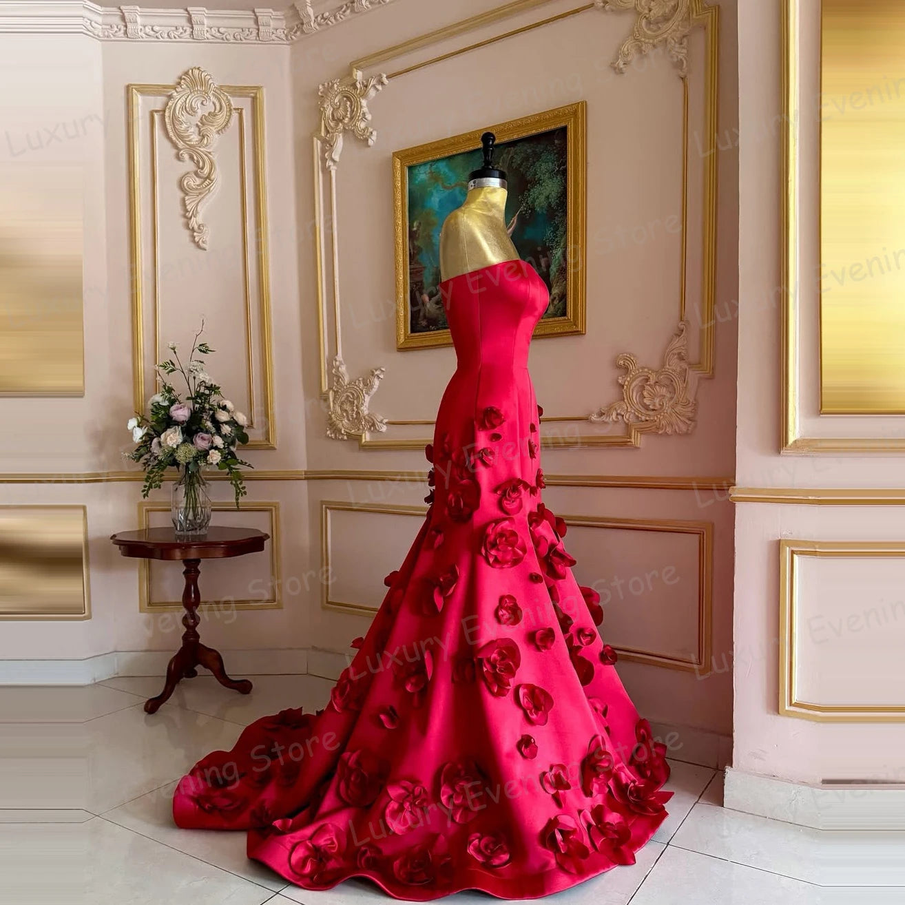 Luxury Red Evening Dresses Sexy 3-D Flowers Sleeveless Strapless Elegant Prom Gowns Party Customized Fashion Vestidos De Noche