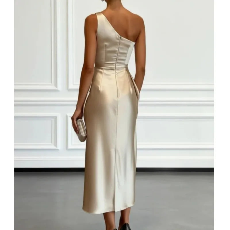 Fashion Sexy Dress Summer New High-end Satin Pleated Waist Sleeveless Banquet Evening Dresses For Women Robe Femal Vestidos 2026