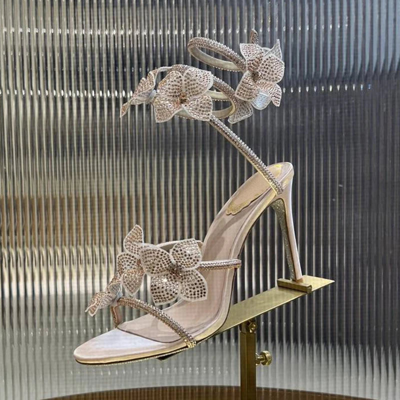 Sandalias Women Rhinestone Flower Decor Dress Shoes Snake Shaped Elastic Strap Thin High Heels Sandals Summer Bridesmaid Shoes