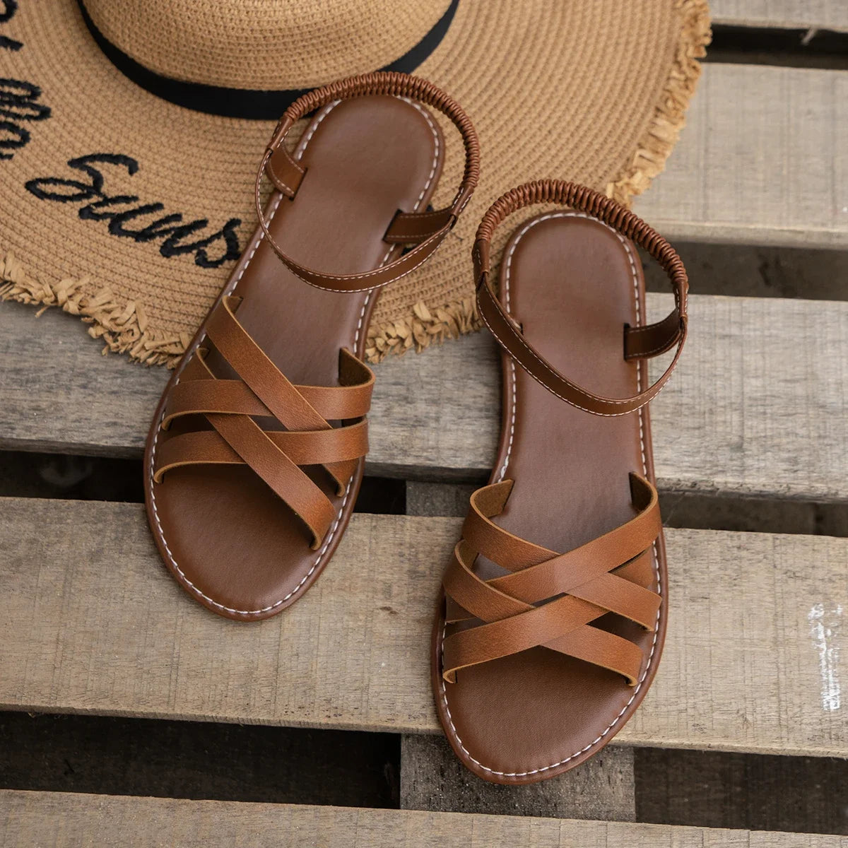 Women Sandals 2024 New Summer New Women Flat Sandals Bottom Roman Strap Sandals with Non Slip Rubber Soles Ladies Daily Sandalia