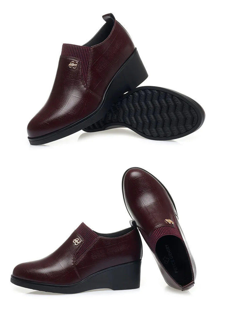 Wedge Heel Leather Shoes for Women 2025 New Soft Sole Design Versatile and Comfortable Solid Color Casual Pumps Women's Shoes