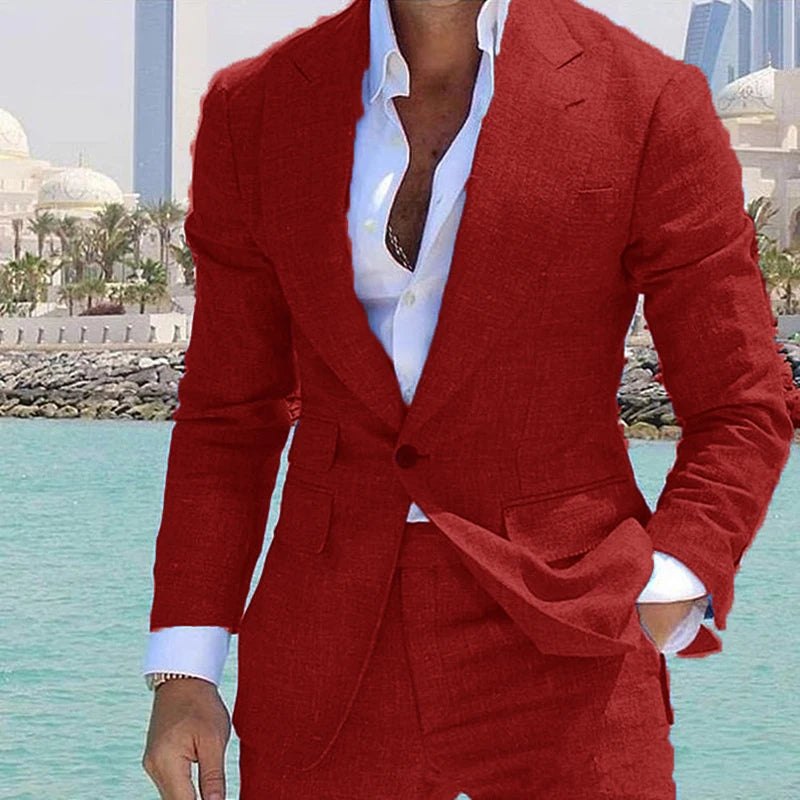Men's Suit 2 Piece Set Linen Lapel Slim Fit Single Button Casual Comfortable Suit Formal Groom Best Man Dress Elegant and Stylis