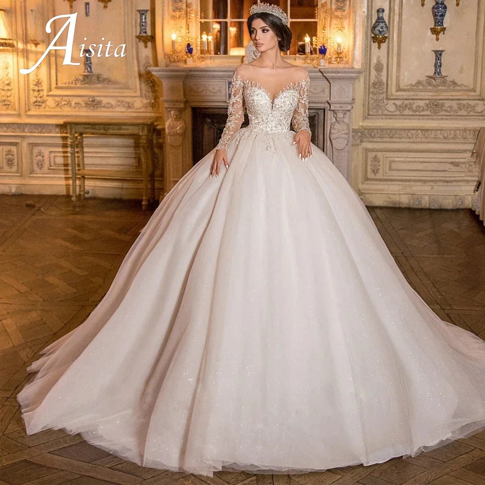 Customized Exquisite Wedding Dress Sheer O-Neck Lace Beaded Applique Illusion Long Sleeves A-Line Bride Dress Vestidos De Noiva