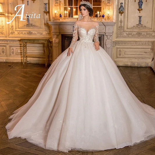 Customized Exquisite Wedding Dress Sheer O-Neck Lace Beaded Applique Illusion Long Sleeves A-Line Bride Dress Vestidos De Noiva