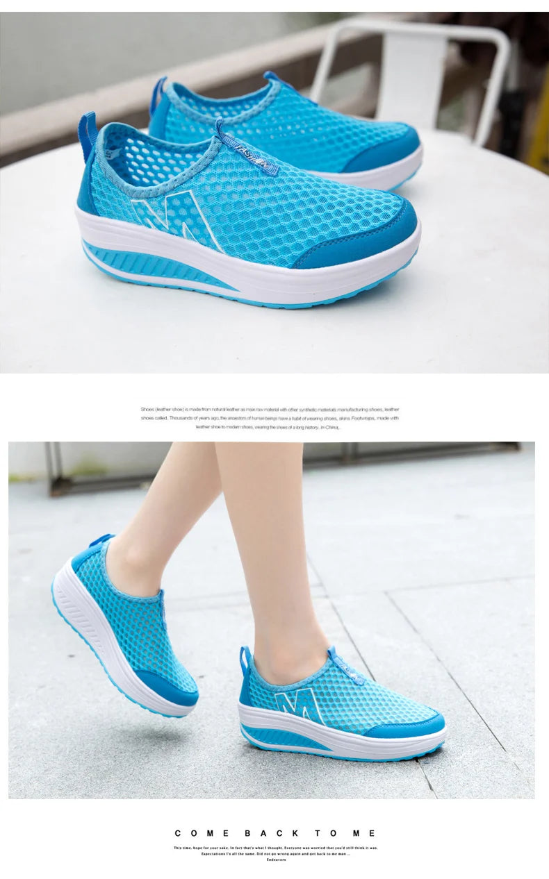 Women Mesh Flat Shoes Sneakers Women Swing Wedge Hollowed Out Slip-on Shoes Women Platform Breathable Lightweigt Vulcanization