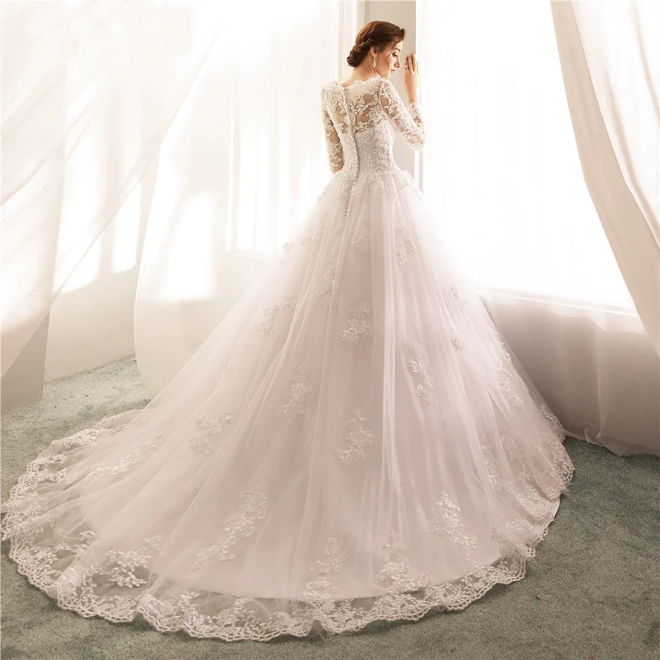 Customized Elegant Ball Gown Women Wedding Dresses Long Sleeves Court Train Appliques Bridal Gowns Formal robe de mariée