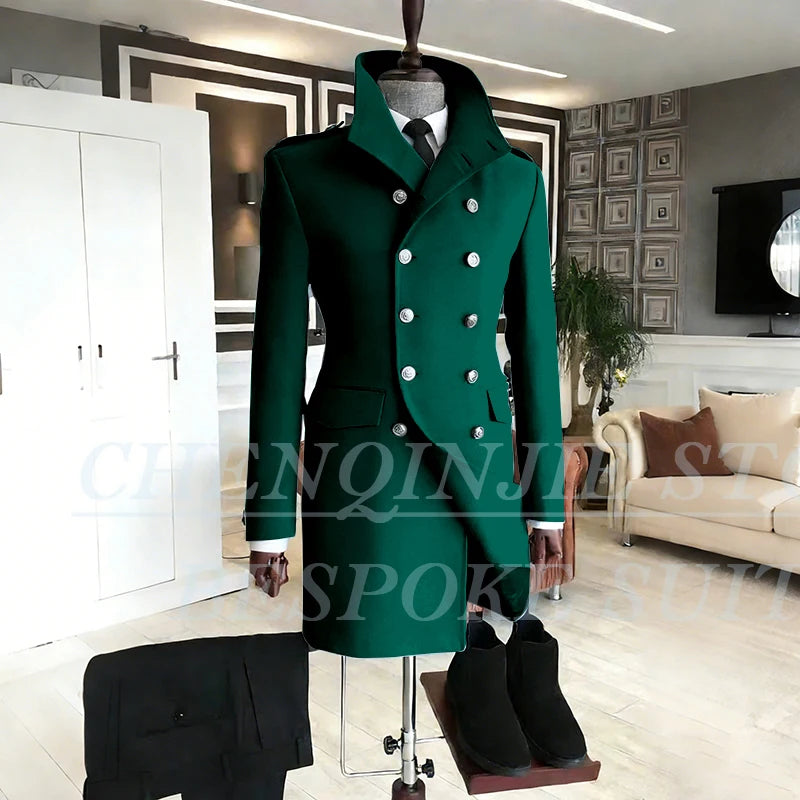 Casual Men's Suits 2 Piece Jacket Pants Grey Double Breasted Stand Lapel Luxury Blazer