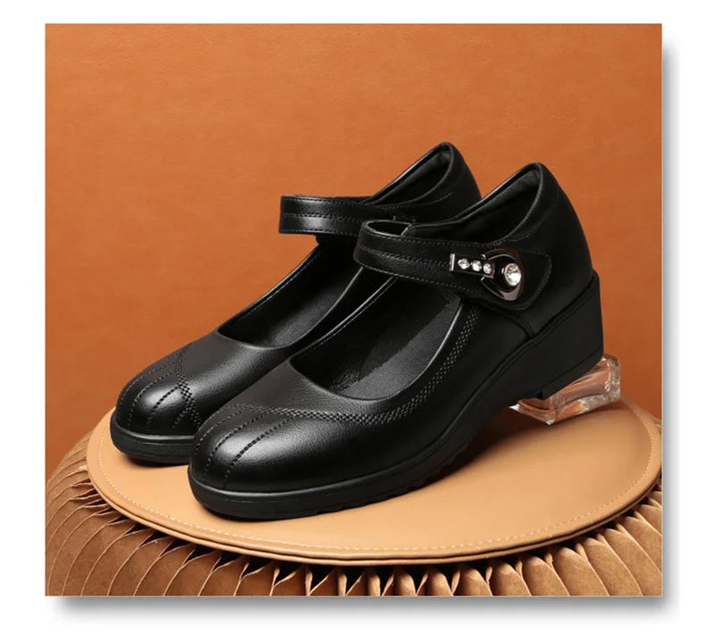 Women's Wedge Anti-slip  Ankle Strap Casual Office Comfortable Soft Leather Shallow Mouth Mom Shoes  Middle-aged Elderly