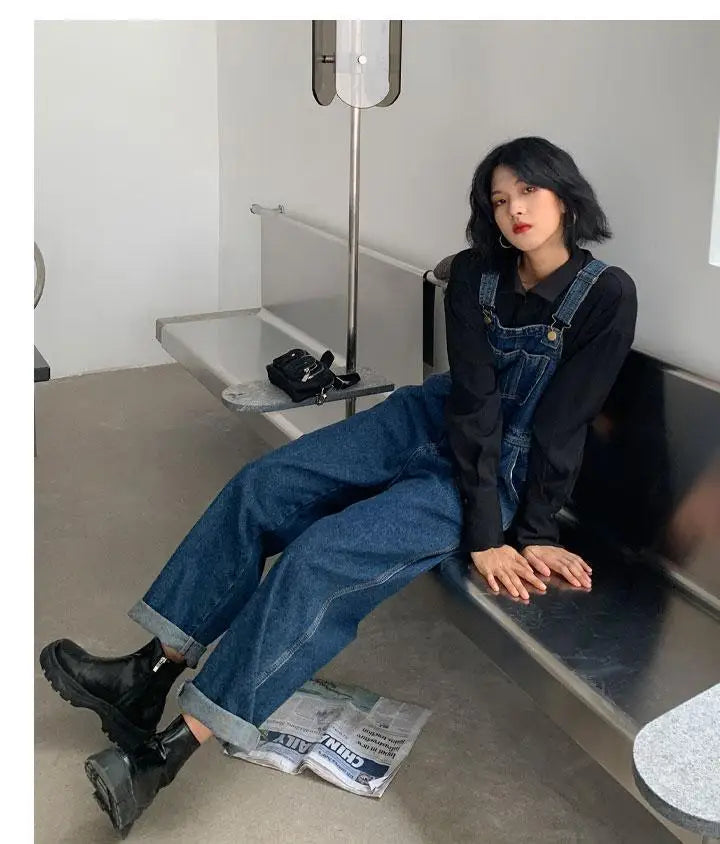 Jumpsuits Women Dark Blue Vintage Streetwear Harajuku Casual Fashion High Waist Loose Overalls Ulzzang Denim Suspenders Trousers