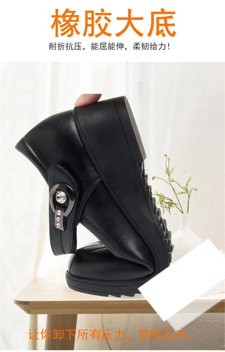 Women's Wedge Anti-slip  Ankle Strap Casual Office Comfortable Soft Leather Shallow Mouth Mom Shoes  Middle-aged Elderly