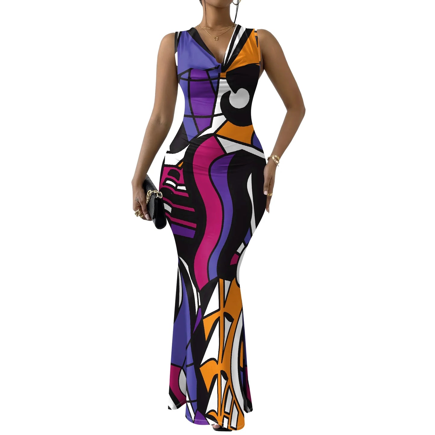 Womens Sexy Casual Dresses Colorful Geometric Off-Shoulder Maxi Dress  Artistic Party Evening Resortwear Swing Neck Dress