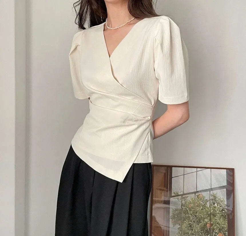 Women Blouse 2026 Spring Summer Solid Tucked V Neck Slim Blouse Elegant Short Sleeve Asymmetrical Top For Women Hot Sale