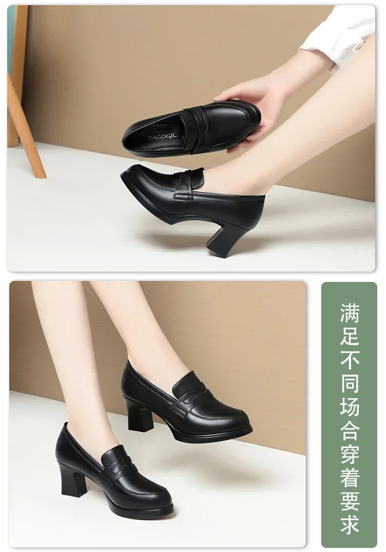 High Heels for Women 2025 Spring Slip on Pointed Toe Platform Heels Chunky Loafers Woman Black PU Leather Uniform College Shoes