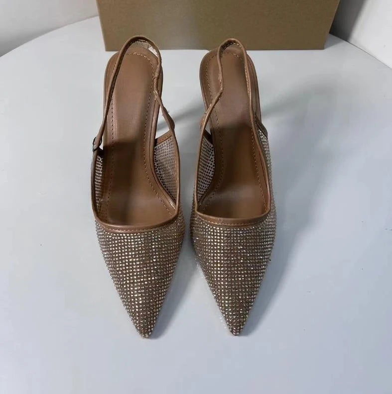 2025 Women's High Heeled Sandals Transparent Pointed Toe Elegant Ladies Fashion Shoes Pearl Decoration Slingback Sandal Size 42