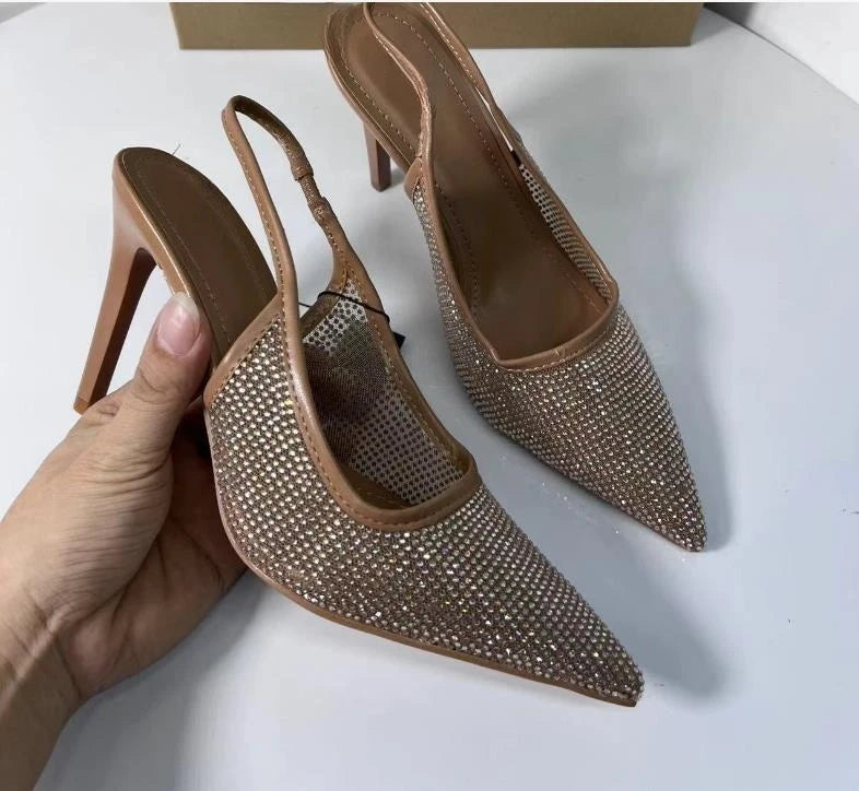 2025 Women's High Heeled Sandals Transparent Pointed Toe Elegant Ladies Fashion Shoes Pearl Decoration Slingback Sandal Size 42