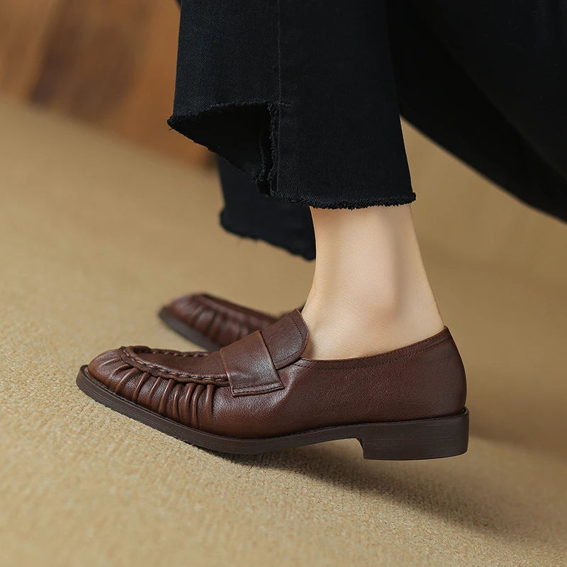 Women Shoes Spring Simple Shoes Soft Flats Slip On Girl Pleated Footwear Handmade Round Toe Genuine Leather Cozy Vintage Shoes