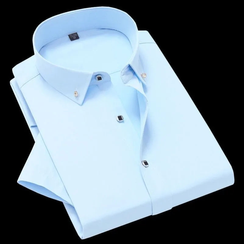 High Quality Non-ironing Mens Dress Shirt Short Sleeve New Solid Male Clothing Fit Business Shirts White Black Blue Navy Red