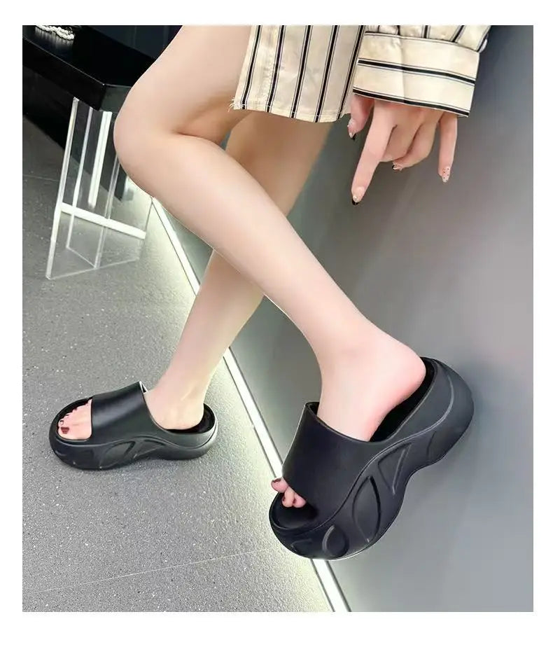2025 New Women Sandals Women Slippers Black Wedge Platform Open Toe Women Orthopedics Thick Bottom Beach High Heels Slides
