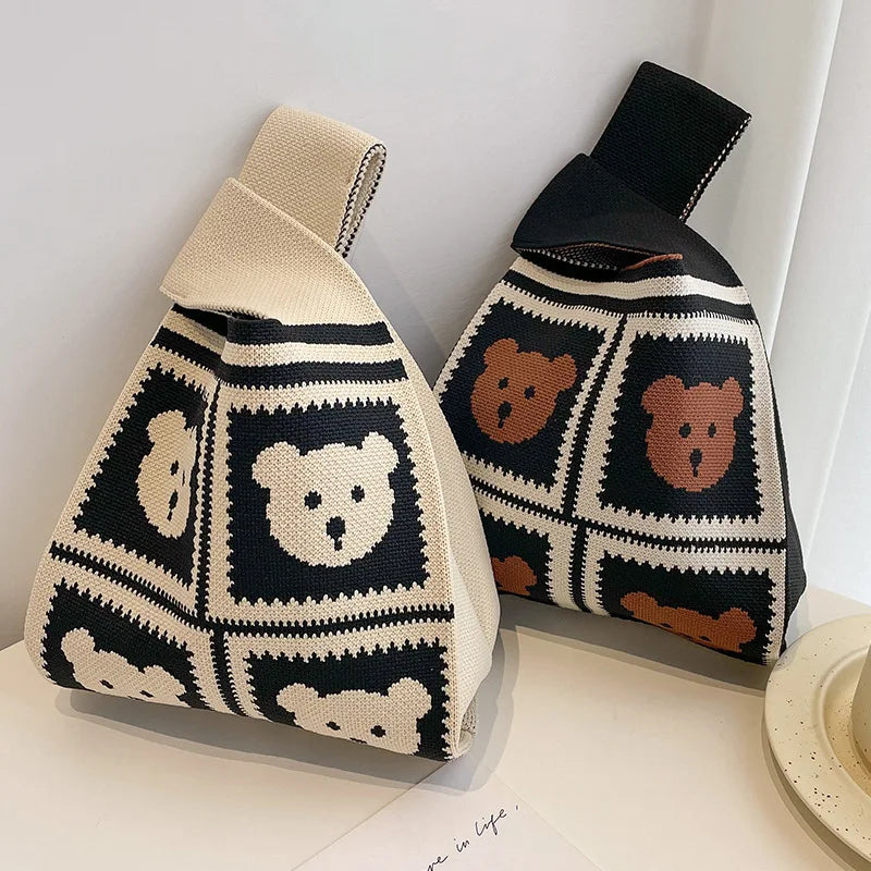 Women'S Knot Wrist Tote Bags Handmade Knitted Bag Portable Mini Striped Bucket Phone Bags Large Capacity Spring Summer Handbags