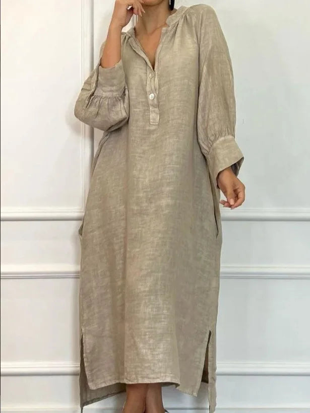 Fashion Cotton Linen Long-sleeved Loose Women's Dresses New Autumn Collection Casual Simple Pocket Elegant Female Slit Dress2025