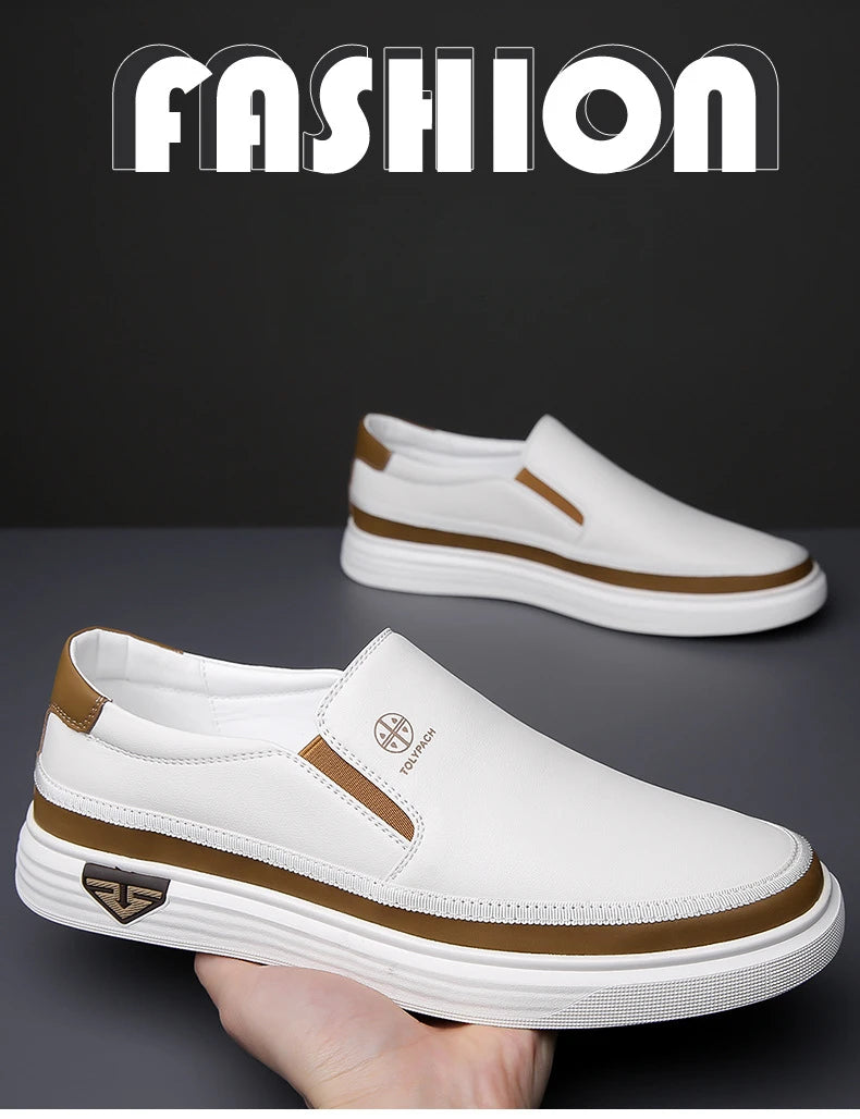 New 2025 Men's Genuine Leather Casual Sneakers Spring Summer Fashion Slip-On White Shoes Soft Sole Comfortable for Everyday Wear
