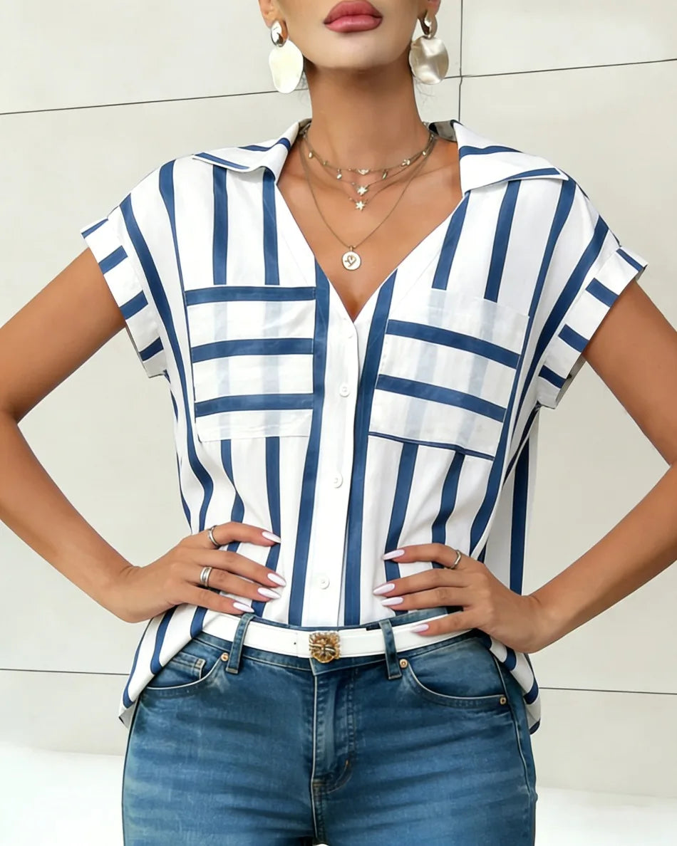 Women's Blouse Shirt Summer Top Navy White Top Vertical Stripe V Neck Short Sleeve Sleek Stylish Daily Shirt Casual Tops