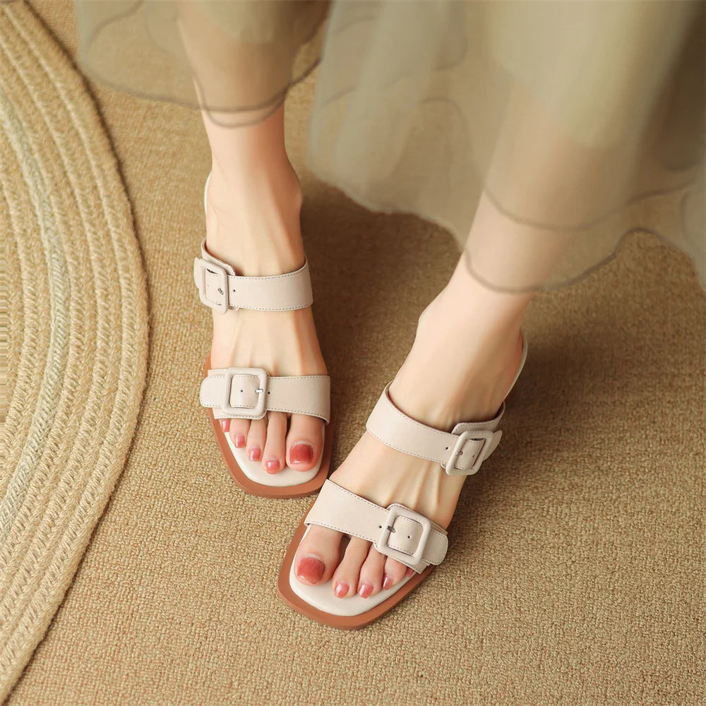 Women's sandals summer 2023 cow leather double metal belt 5.5cm thick med heel slip-on slippers elegant ladies slim daily pumps