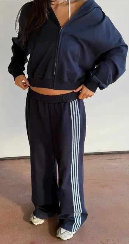 Womens Hooded Tracksuit Set with Zipper Side Striped Pants Activewear Casual Sportwear Outfit for Daily Life Gym and Leisure