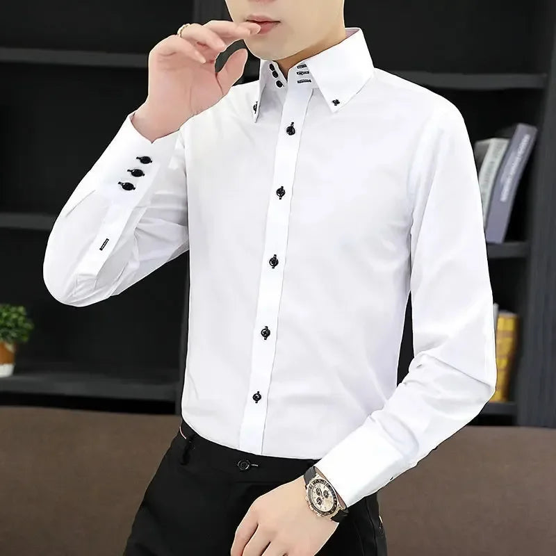 Men's Dress Shirt Button-down Collared Long Sleeve Formal Business Casual Shirt Korean Fashion Slim Fit Designer Shirts White