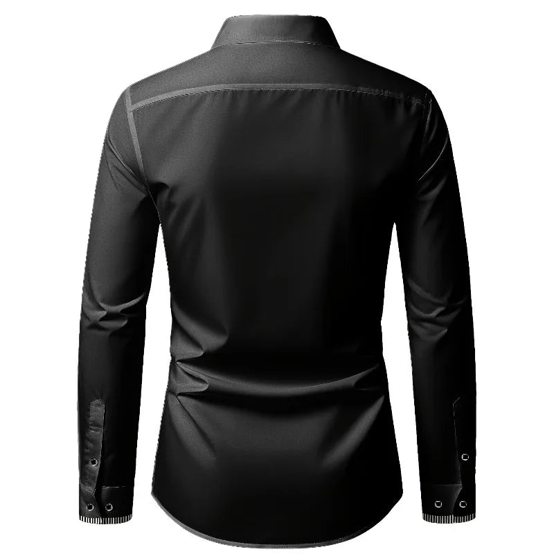 2025 New Men Patchwork Shirt Fashion Dress Tuxedo Long Sleeve Smart Casual Four Season Man Micro Elastic Shirts
