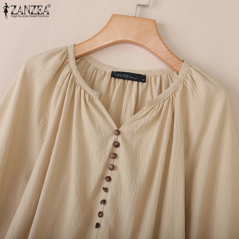 Women Blouse ZANZEA 2026 Spring Summer Shirt Casual V-Neck 3/4 Sleeve Solid Tops Female Mujer Elegant OL Work Blouses Oversize
