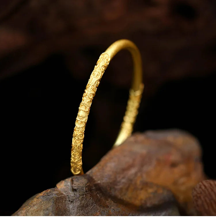 Retro Chinese Gold-plated Brass Bangle for Women Ancient Hand Craving Traditional Auspicious Patterns Luxury Jewelry Couple Gift