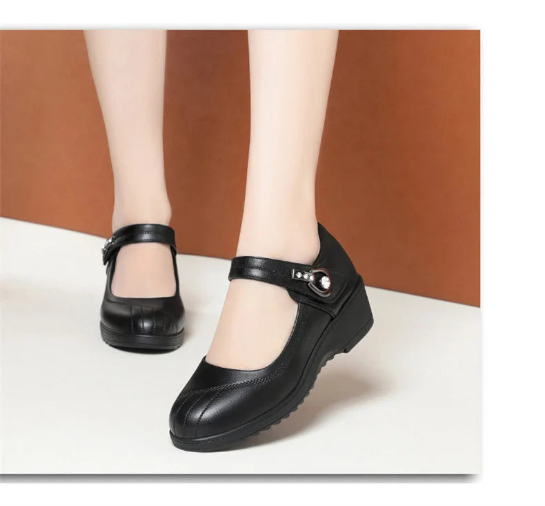 Women's Wedge Anti-slip  Ankle Strap Casual Office Comfortable Soft Leather Shallow Mouth Mom Shoes  Middle-aged Elderly