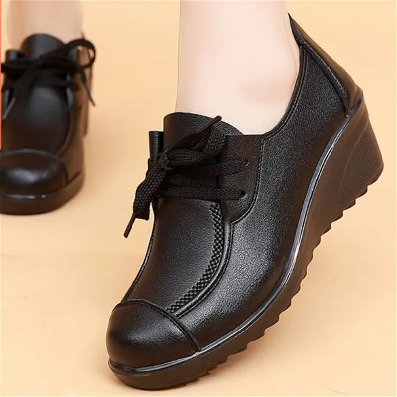 Classic Genuine Leather Women Shoes Round Toe Casual Comfortable Women's Wedge Shoes Spring Autumn Fashion Mother Shoes 10models