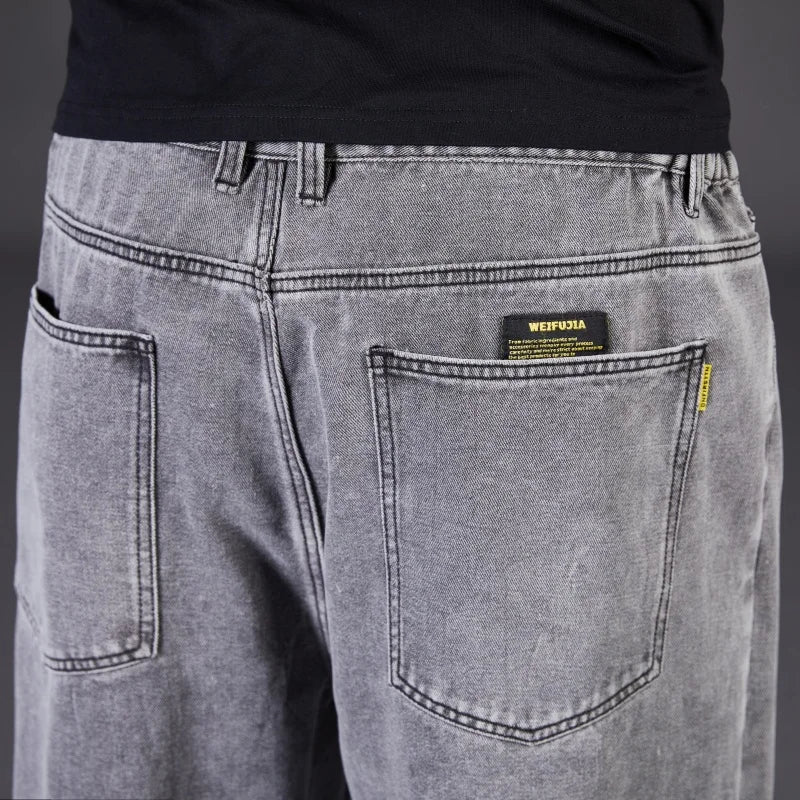 Autumn Thin Denim Jeans Men Plus Size Loose Straight Leg Sport Pants Fat Guy Elastic Long Trendy Trousers Black Grey Blue Jeans