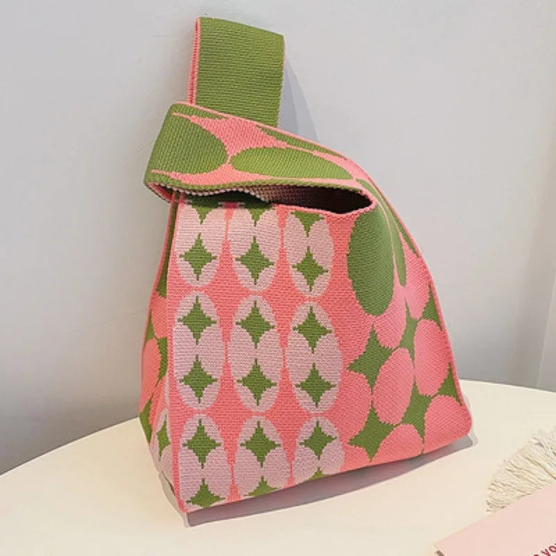 Women'S Knot Wrist Tote Bags Handmade Knitted Bag Portable Mini Striped Bucket Phone Bags Large Capacity Spring Summer Handbags