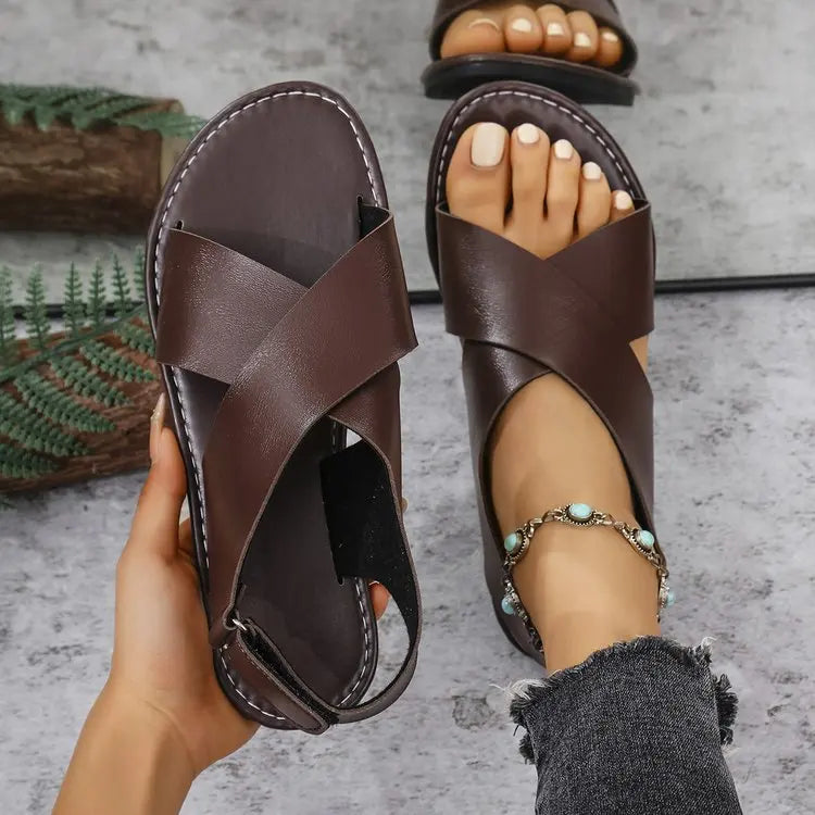 Women's Flat Sandals Lightweight Pu Leather Casual Sandals Summer Peep Toe Beach Sandals for Women Roman Sandal Sandalias Mujer