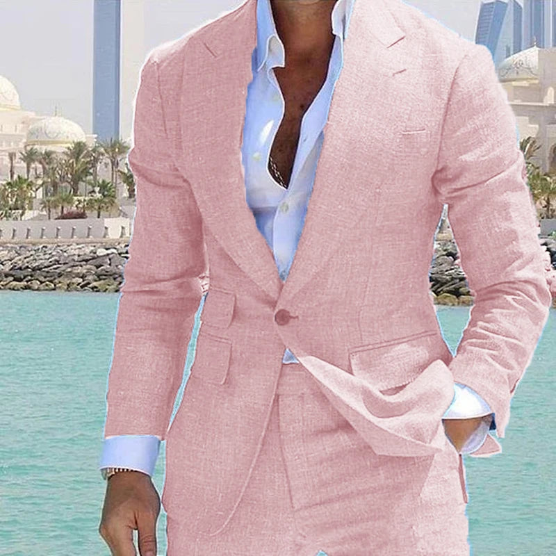 Men's Suit 2 Piece Set Linen Lapel Slim Fit Single Button Casual Comfortable Suit Formal Groom Best Man Dress Elegant and Stylis