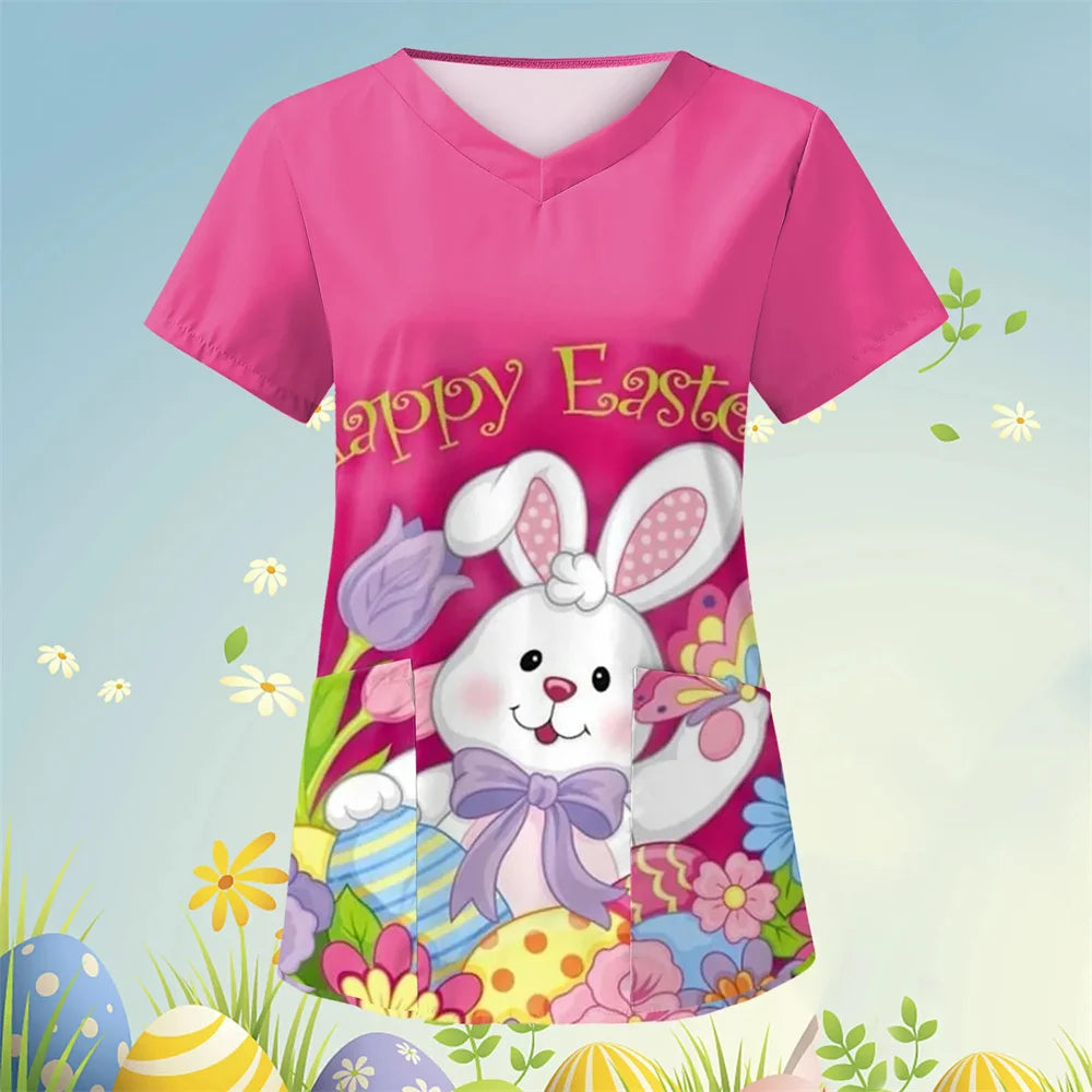 Scrubs Medical Uniforms Cute Cartoon Bunny Print High Quality Medical Uniforms for Women Short Sleeve Dental Medical Uniforms