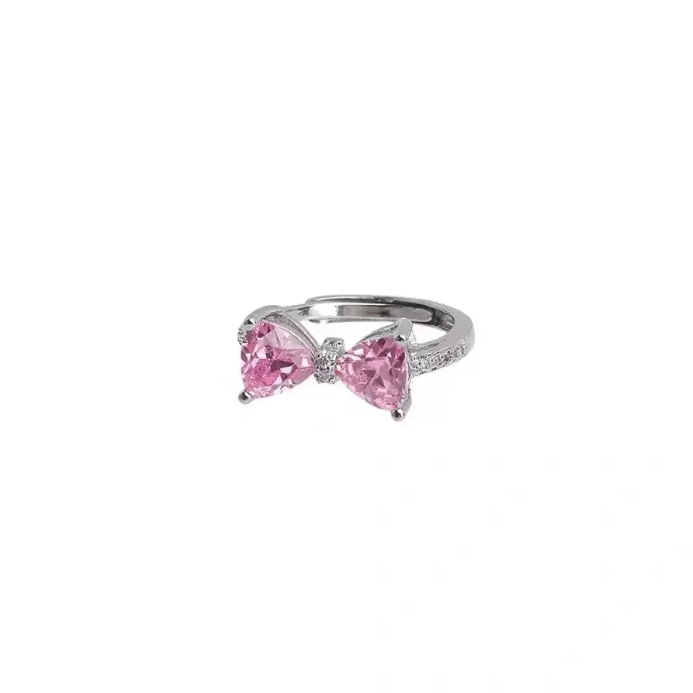 2pcs Set Fashion Bowknot Necklace Rings Set Crystal Bow Knot Pendant Necklaces Adjustable Bow Rings Fairy Shiny Pink Jewelry