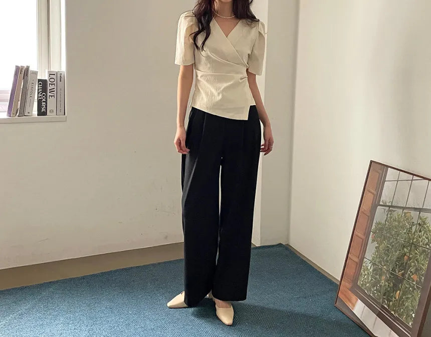Women Blouse 2026 Spring Summer Solid Tucked V Neck Slim Blouse Elegant Short Sleeve Asymmetrical Top For Women Hot Sale