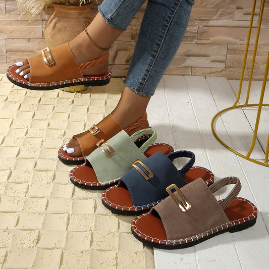 Women's Beach Sandals Summer New Fashion Metal Decorative Open-toed Sandals Leisure Luxury Light Outdoor Non-slip Sandals.