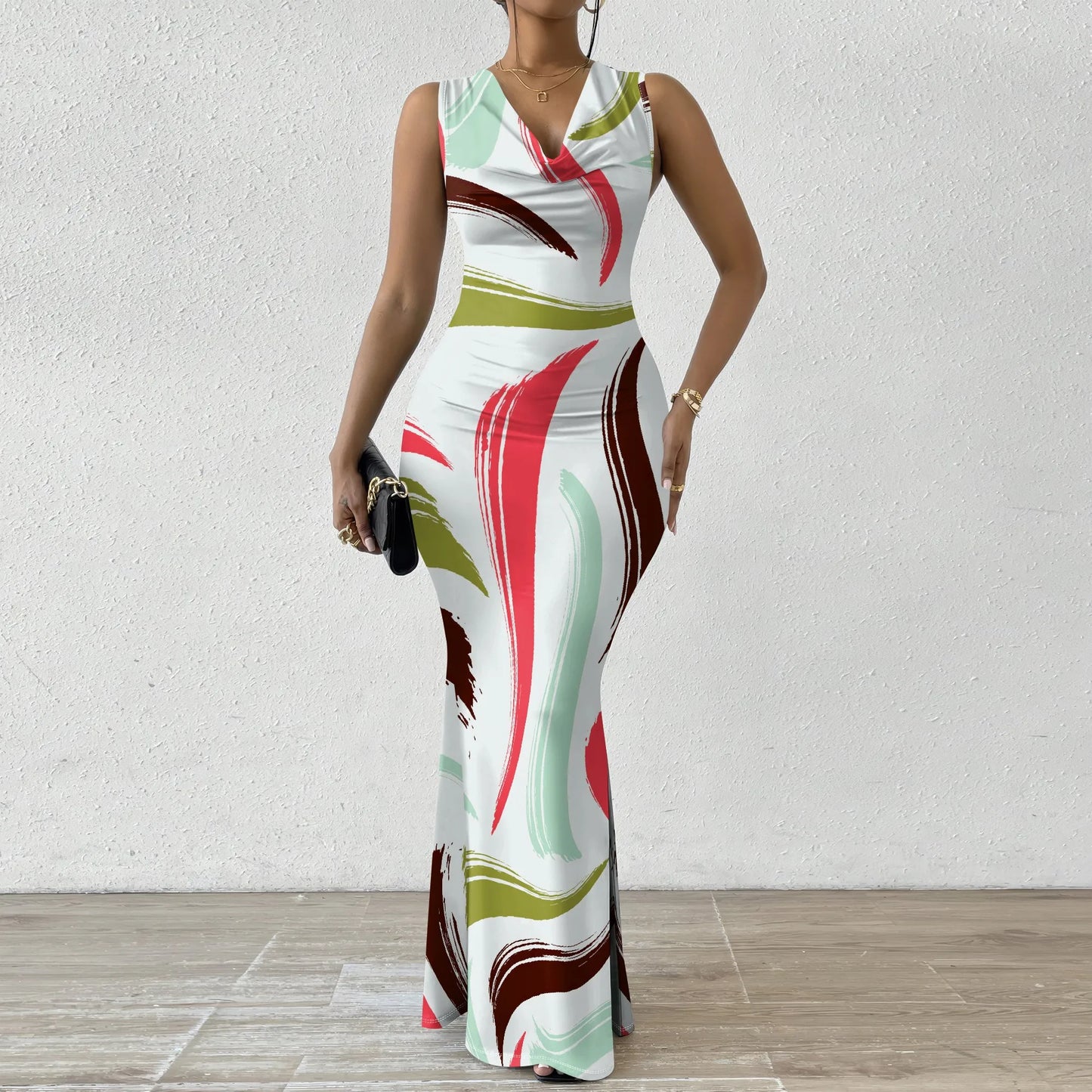 Womens Sexy Casual Dresses Colorful Geometric Off-Shoulder Maxi Dress  Artistic Party Evening Resortwear Swing Neck Dress