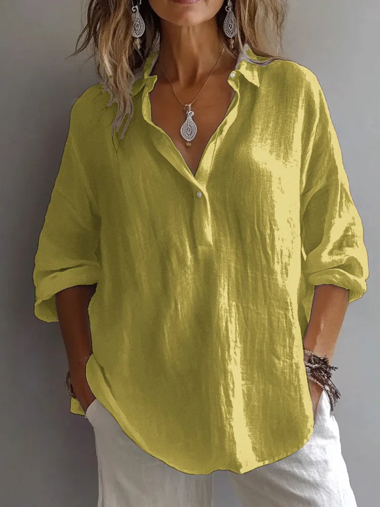 Women Cotton Linen Blouse Long Sleeve Turn Down Collar Solid Color Casual Loose Shirt Summer Breathable Office Lady Tops