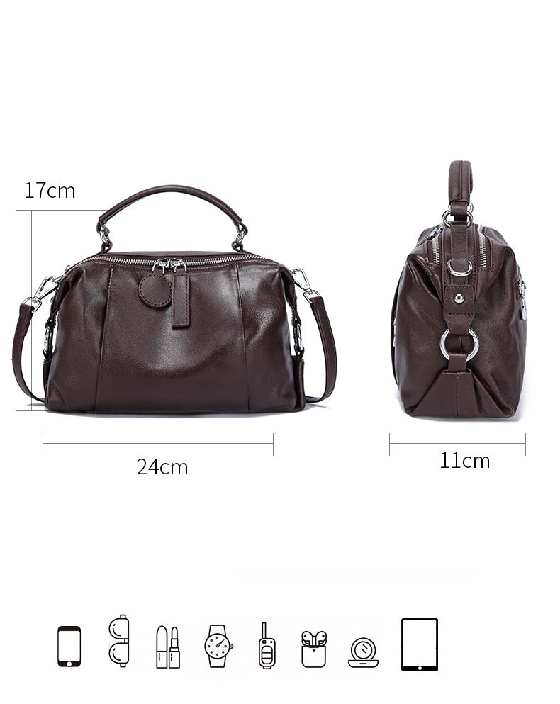 Women's Handbag 2025 New Top Grain Leather Boston Bag Unique Shoulder Crossbody Bag Vintage Commuting Versatile Handheld Tote