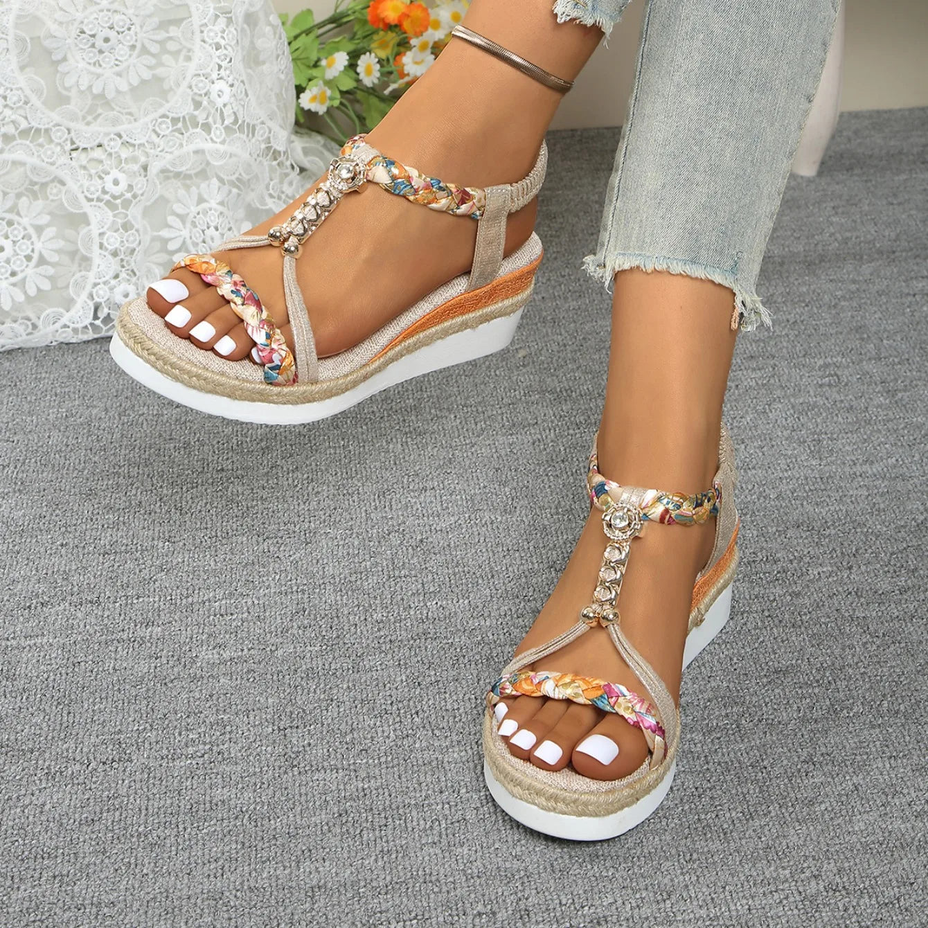 Women Wedge Sandals Summer 2024 Braided Band Platform Gladiator Sandals Woman Thick Bottom Beach Shoes Women Sandalias De Mujer