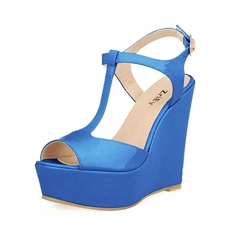 Women Wedge Sandals 2026 New Summer 14cm Open Toe Sexy Ankle Strap High Heels Patent Leather Platform Pumps Party Wedding Shoes