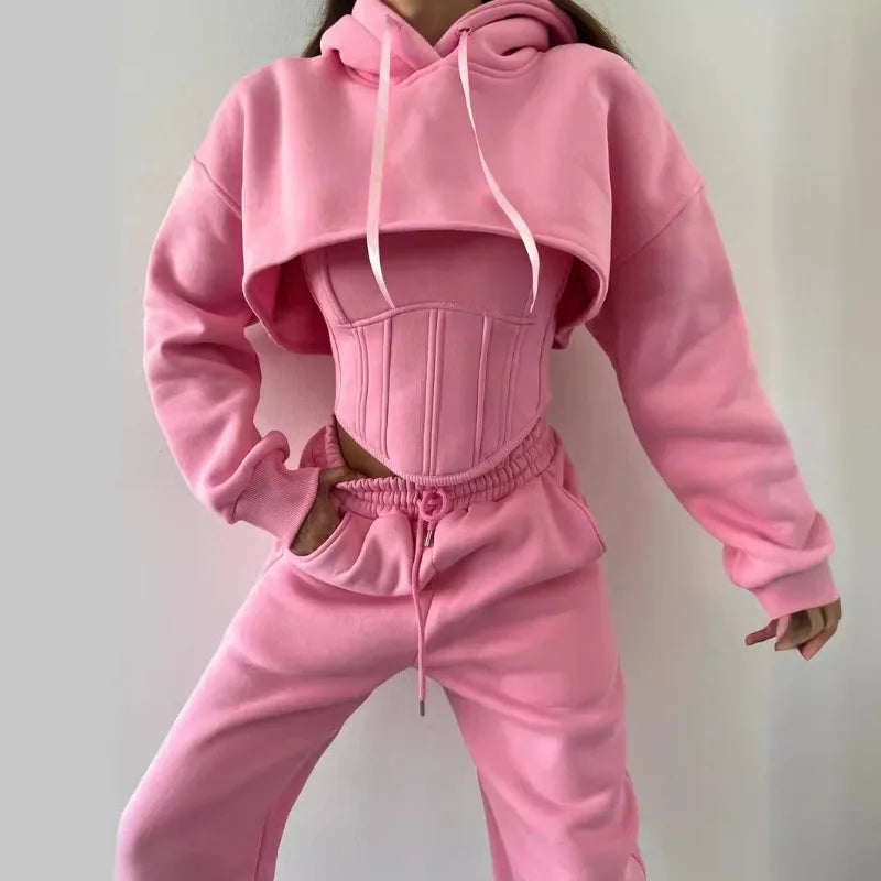 Sweat Suit Set Women Hoodies Three 3 Pieces Outfit Pants Sets Casual Loose Winter Warm Tracksuits 2 Two Pieces Solid Sportswear