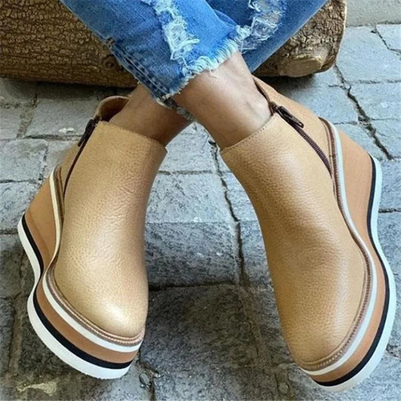 2025 New Women's Boots Designer Wedge Platform Boot Fashion Zipper Ankle Boots for Women Pu Leather Casual Boots Botas De Mujer