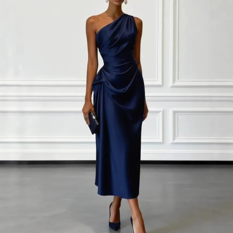 Fashion Sexy Dress Summer New High-end Satin Pleated Waist Sleeveless Banquet Evening Dresses For Women Robe Femal Vestidos 2026